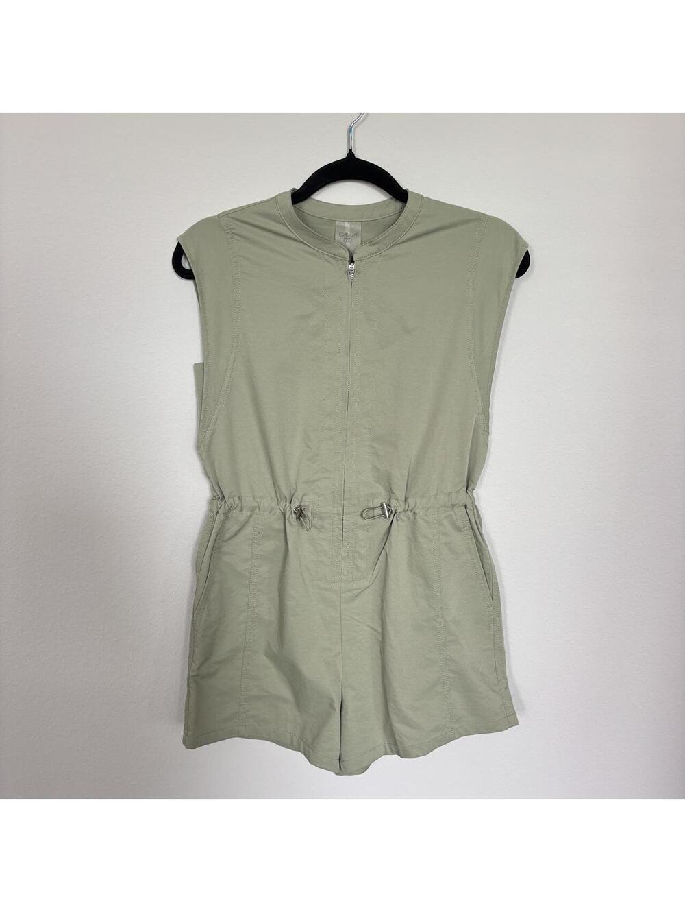 CALIA Soft Utility Romper Sage Green Zip Front Drawstring Waist Sleeveless XS